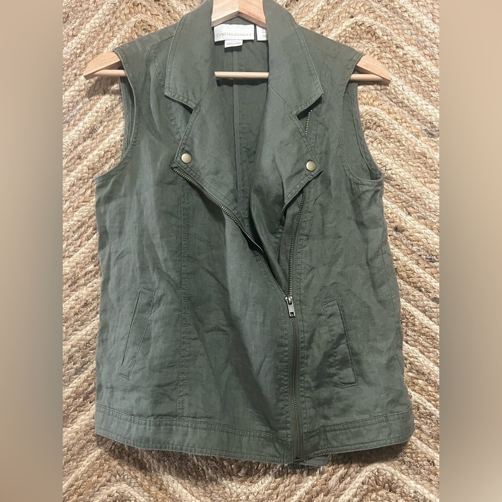 Cynthia Rowley Women's Army Green Linen Moto Vest,Sleeveless,Size Small